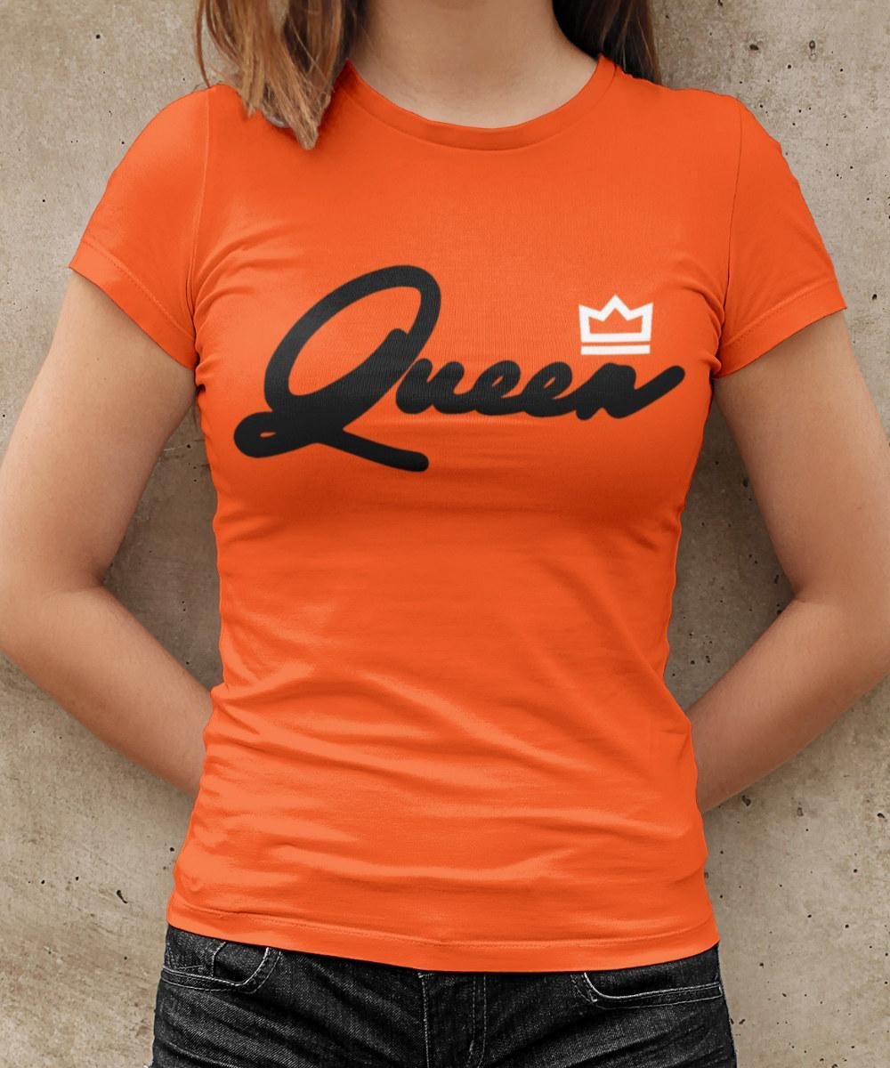 Oranje Koningsdag T-Shirt King Queen Premium (DAMES - MAAT M) | Oranje Kleding | Feestkleding